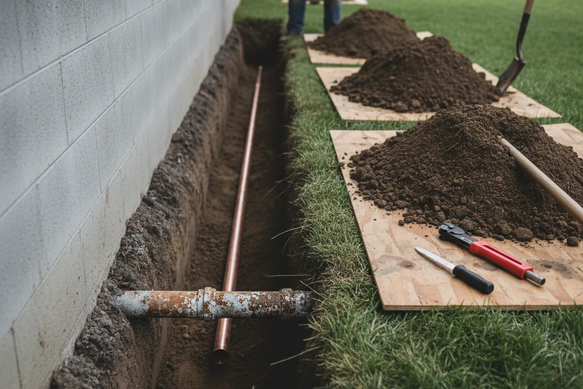 Excavated water line trench during Sewer Line Repair in Mill Valley